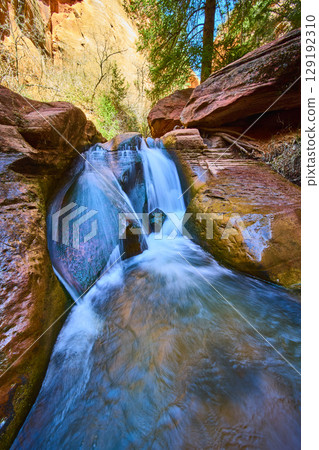 Kanarra Falls Waterfall Motion Over Red Sandstone Canyon Close to Water 129192310