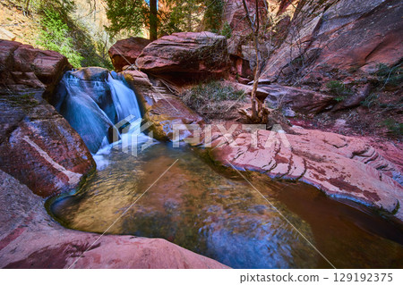 Waterfall Motion Over Red Sandstone and Reflective Pool Eye Level View Waterfall Motion Over Red Sandstone and Reflective Pool Eye Level View 129192375