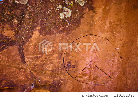 Peace Symbol Carved in Red Sandstone with Lichen Close Up Textured Perspective Peace Symbol Carved in Red Sandstone with Lichen Close Up Textured Perspective 129192383