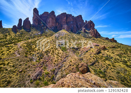 Superstition Mountains Rugged Desert Terrain with Blue Sky Eye Level Perspective Superstition Mountains Rugged Desert Terrain with Blue Sky Eye Level Perspective 129192428