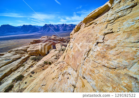 Sandstone Formations and Mountains in Red Rock Canyon from Elevated View 129192522