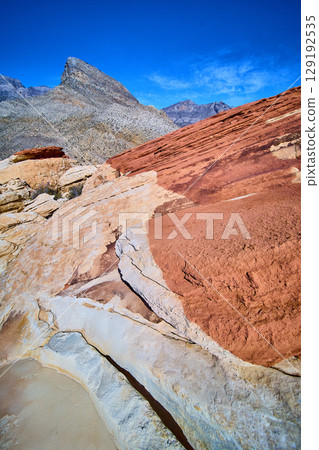 Red Rock Canyon Vibrant Striations and Mountains Low Angle View 129192535