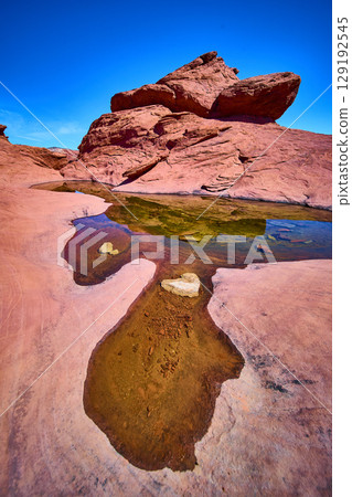 Red Rock Canyon Desert Landscape with Water Pool Low Perspective 129192545