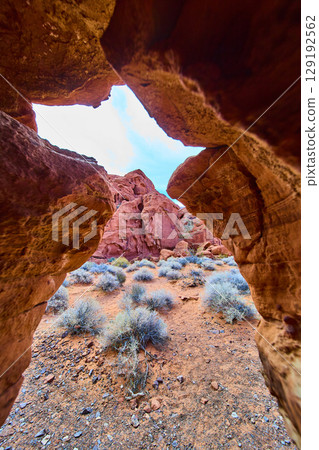 Red Rock Formations and Natural Arch in Nevada Desert Midday Perspective 129192562