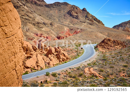 Desert Road Through Redstone Dune Landscape Aerial 129192565