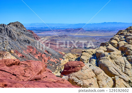 Red Rock Canyon Geology and Desert with Las Vegas Skyline Aerial 129192602