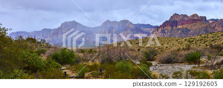 Red Rock Canyon Desert Panorama with Overcast Sky Red Rock Canyon Desert Panorama with Overcast Sky 129192605