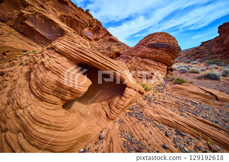 Red Sandstone Formations in Nevada Desert Low Angle View 129192618