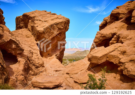 Red Rock Formations and Mountain Vista in Boulder City Nevada Eye-Level View Red Rock Formations and Mountain Vista in Boulder City Nevada Eye-Level View 129192625