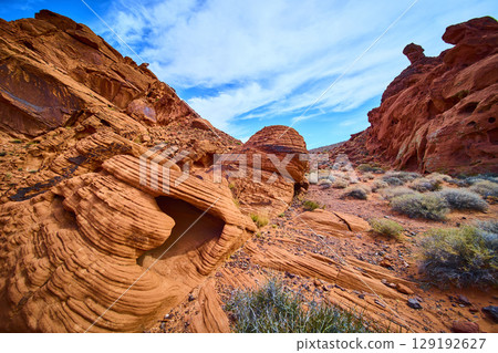 Red Rock Formations and Desert Vegetation in Boulder City Low Angle View 129192627