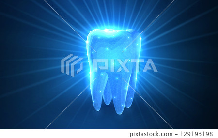 Tooth. Abstract low poly shine bright tooth illustration. Blue background and stars. 129193198