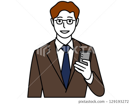 A man wearing glasses and a brown suit talking on a smartphone 129193272