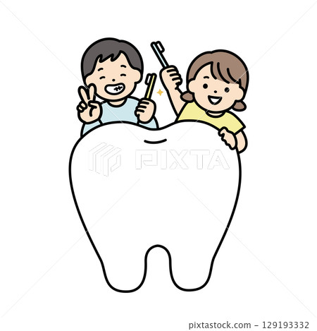 健康的牙齒和兒童-簡單時尚的線條畫插圖 129193332