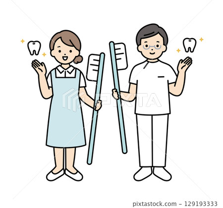 Full-body illustration of a dentist and dental hygienist holding a toothbrush, medical workers 129193333