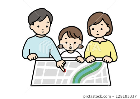 一家人一邊看地圖一邊檢查疏散路線的插圖素材 一家人一邊看地圖一邊檢查疏散路線的插圖素材 129193337