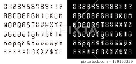 Digital letters and numbers. Alphabet on LCD monitor. Clock letters. Digital font on black background. Digital letters and numbers. Alphabet on LCD monitor. Clock letters. Digital font on black background. 129193339