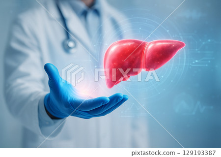 AI generated digital liver floats above a doctor gloved hand in a sci fi medical setting with clean background futuristic interface and soft glowing blue and red tones 129193387