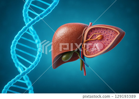 AI generated hyper detailed 3D liver cross section with bile ducts blood vessels and DNA strand background in scientific molecular blue tone AI generated hyper detailed 3D liver cross section with bile ducts blood vessels and DNA strand background in scientific molecular blue tone 129193389