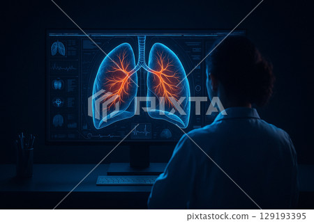 AI generated futuristic medical diagnosis showing a doctor analyzing glowing 3D lungs with bio data on screen in dark clinical lab focusing on precision and advanced respiratory evaluation 129193395
