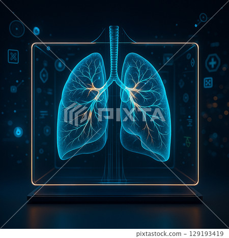 AI generated high tech holographic lungs inside transparent glowing box with floating digital interface showing advanced respiratory system analysis in a futuristic medical environment AI generated high tech holographic lungs inside transparent glowing box with floating digital interface showing advanced respiratory system analysis in a futuristic medical environment 129193419