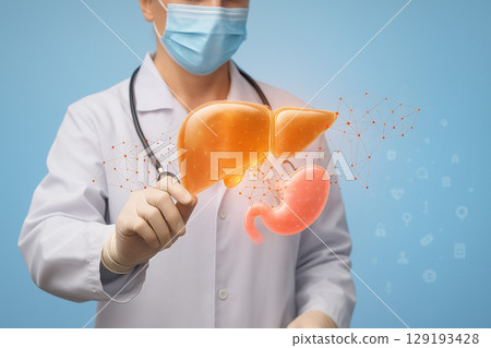 AI generated futuristic medical scene showing a doctor interacting with holographic liver and pancreas using advanced diagnostic technology on blue background 129193428