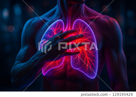 AI generated ultra realistic sci fi anatomical artwork of human torso showing glowing transparent lungs in red and violet with emotional hand gesture symbolizing breath energy fear or vulnerability 129193429