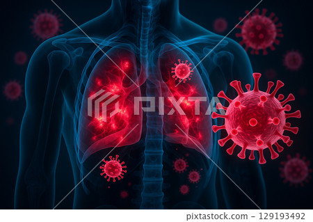 AI generated digital scan showing human chest anatomy with inflamed lungs surrounded by glowing virus particles symbolizing infection urgency and internal biological threat 129193492