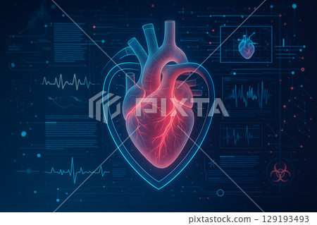 AI generated high resolution digital artwork of a glowing semi transparent human heart surrounded by sci fi holographic medical data interface on a dark blue background AI generated high resolution digital artwork of a glowing semi transparent human heart surrounded by sci fi holographic medical data interface on a dark blue background 129193493