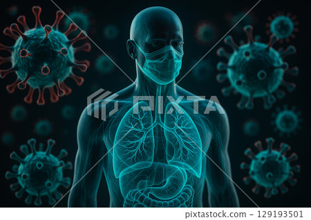 AI generated translucent male body with respiratory mask under viral attack glowing lungs and floating pathogens highlight respiratory infection danger and medical precision concept 129193501