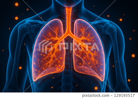 AI generated ultra realistic glowing lungs with visible bronchi and blood vessels set in a dark futuristic background representing medical technology and biological diagnostics 129193517