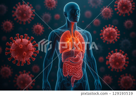 AI generated ultra detailed sci fi style of human male anatomy with glowing organs and red virus spheres surrounding the body in a futuristic atmosphere 129193519