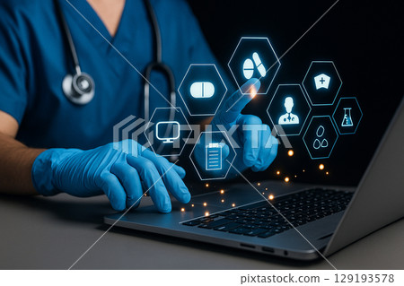 AI generated image of gloved medical hands interacting with a glowing holographic interface above a laptop conveying digital healthcare technology and data integration 129193578