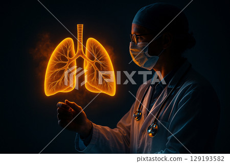 AI generated digital art of a glowing orange lung hologram being examined by a masked doctor representing futuristic medical precision and hope AI generated digital art of a glowing orange lung hologram being examined by a masked doctor representing futuristic medical precision and hope 129193582