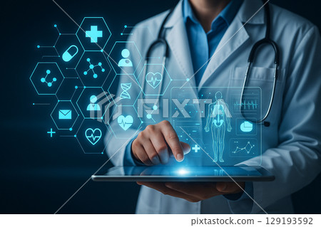 AI generated image of a doctor in white coat interacting with a digital tablet displaying holographic health icons in a hexagonal smart interface with glowing blue light 129193592