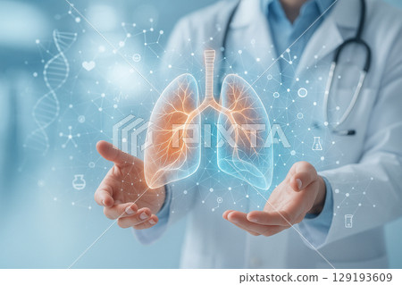 AI generated ultra realistic visualization of human lungs held by doctor hands with holographic interface in futuristic medical setting blending science and compassionate care 129193609