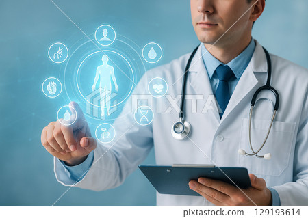 AI generated futuristic doctor interacting with medical holographic interface in a clean digital environment representing holistic and advanced healthcare 129193614