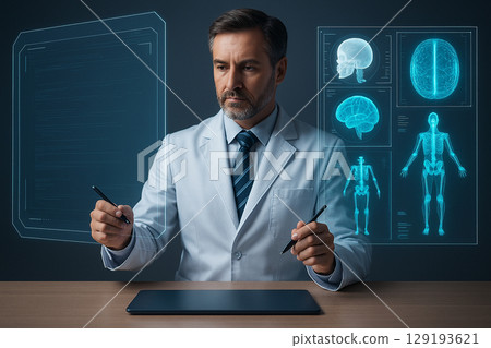 AI generated ultra realistic scene of a doctor interacting with digital holographic medical data highlighting brain and skeleton scans in a clean high tech environment 129193621