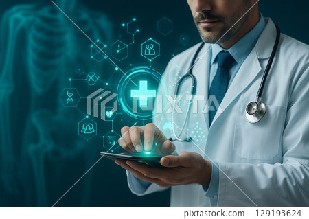 AI generated image of a male doctor using a digital device with glowing medical icons and holographic interface elements for advanced patient data analysis in a futuristic healthcare setting 129193624