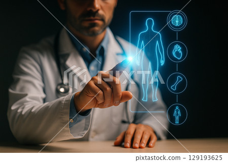 AI generated a futuristic medical scene showing a doctor interacting with a glowing holographic interface featuring human anatomy and digital health icons in a dark ambient setting 129193625
