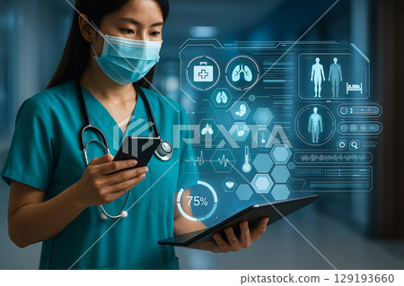 AI generated healthcare worker using holographic interface to access patient data in a futuristic medical environment highlighting precision and digital innovation AI generated healthcare worker using holographic interface to access patient data in a futuristic medical environment highlighting precision and digital innovation 129193660