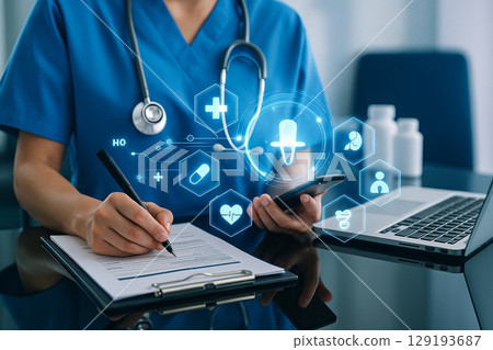 AI generated nurse in blue uniform writing on clipboard while holding tablet with glowing holographic medical icons floating above glass desk in modern digital healthcare workspace 129193687