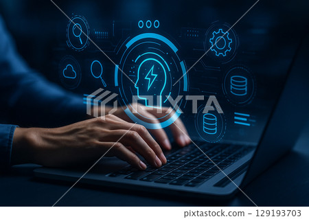 AI generated human hands typing on keyboard with glowing AI hologram interface icons representing data cloud processing search and innovation in futuristic digital workspace AI generated human hands typing on keyboard with glowing AI hologram interface icons representing data cloud processing search and innovation in futuristic digital workspace 129193703