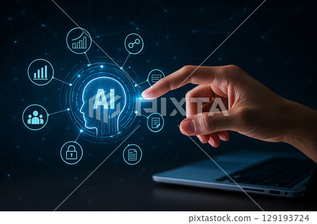 AI generated futuristic hand interacting with glowing holographic AI head surrounded by circular icons representing technology communication and data network 129193724