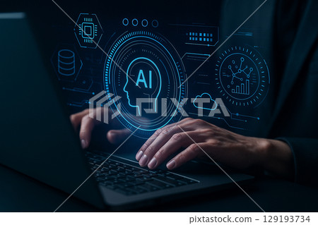 AI generated realistic scene of human typing with holographic AI data icons floating above laptop in a dark blue futuristic environment showing focus and intelligent digital processing 129193734