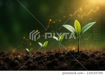 AI generated young plants sprout in stages across rich soil with a glowing upward chart in the background symbolizing progress finance investment sustainability hope and long term growth 129193749