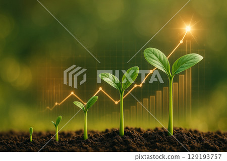 AI generated young seedlings rise in stages across fertile soil with glowing upward line and bar chart symbolizing growth profit investment sustainability hope and steady progress 129193757