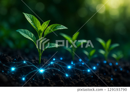 AI generated vibrant green seedlings sprouting from rich dark soil with glowing blue energy lines symbolizing life hope technology and smart agriculture in a futuristic atmosphere AI generated vibrant green seedlings sprouting from rich dark soil with glowing blue energy lines symbolizing life hope technology and smart agriculture in a futuristic atmosphere 129193790