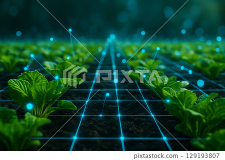 AI generated rows of green seedlings growing on fertile soil with glowing blue digital network lines symbolizing precision agriculture technology and sustainable smart farming 129193807