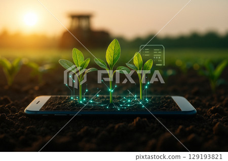 AI generated green seedlings sprouting from soil on smartphone screen with glowing digital connections symbolizing smart farming technology growth hope and sustainable agriculture 129193821