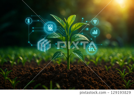 AI generated green seedling growing in rich soil with glowing digital interface icons symbolizing smart agriculture innovation data monitoring precision and sustainable farming 129193829